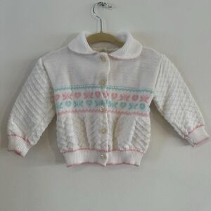 VTG 90's Baby Girl 0-6 Mos White Knit Cardigan Sweater‎ Heart Butterfly